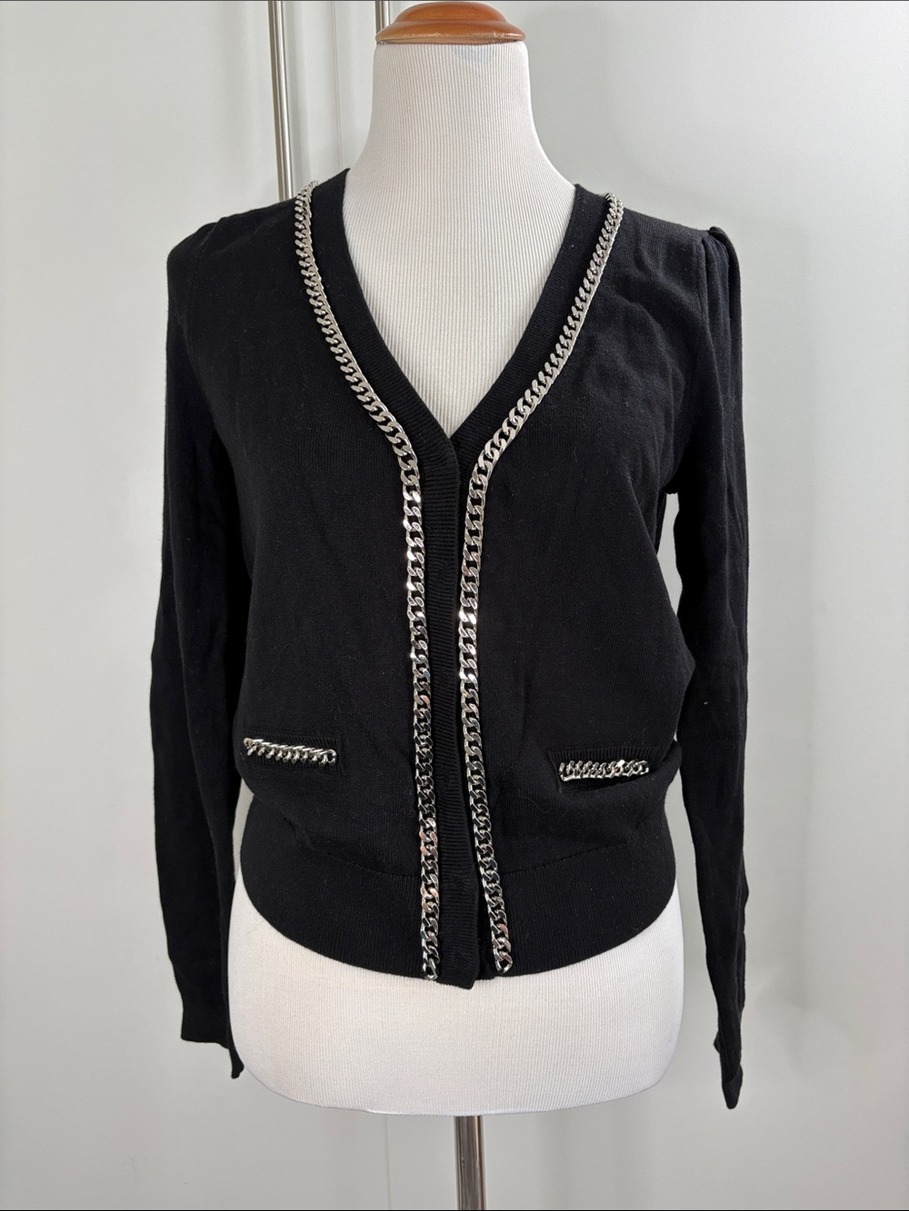 Generation Love Black V-Neck Cardigan with Silver Chain Trim L